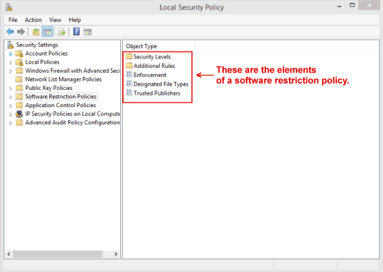 The Microsoft Windows Local Security Policy Editor Window showing Software Restriction Policies The Microsoft Windows Local Security Policy Editor Window showing Software Restriction Policies