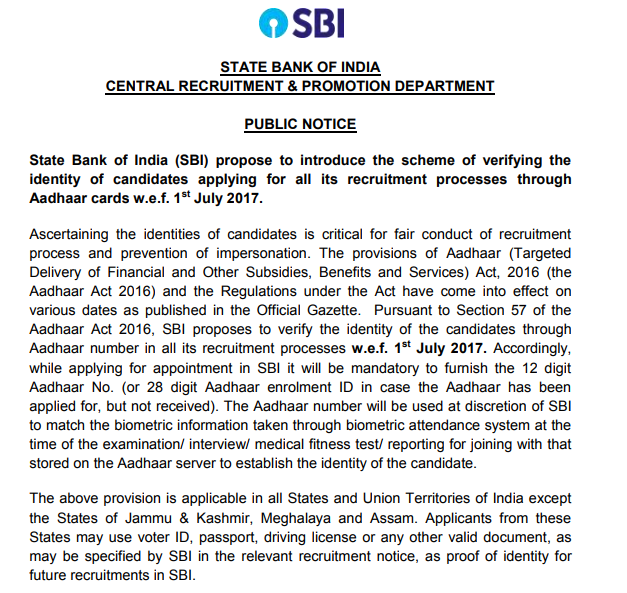 Aadhaar Card is Mandatory For SBI Recruitment Now Aadhaar Card is Mandatory For SBI Recruitment Now