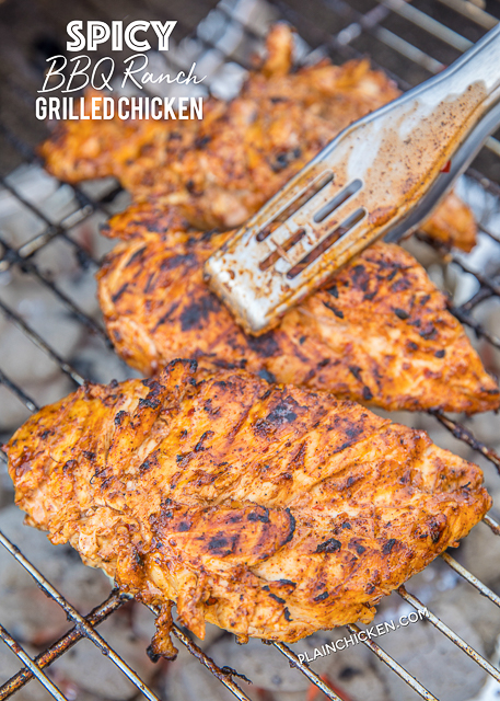Spicy BBQ Ranch Grilled Chicken - seriously delicious chicken!! Only 4 ingredients - BBQ sauce, Ranch dressing, chili powder and red pepper flakes. Let the chicken marinate overnight for maximum flavor!! This is a favorite in our house!! We always grill extra chicken for leftovers - SO good! #grilling #chicken #grilledchicken #bbq Spicy BBQ Ranch Grilled Chicken - seriously delicious chicken!! Only 4 ingredients - BBQ sauce, Ranch dressing, chili powder and red pepper flakes. Let the chicken marinate overnight for maximum flavor!! This is a favorite in our house!! We always grill extra chicken for leftovers - SO good! #grilling #chicken #grilledchicken #bbq