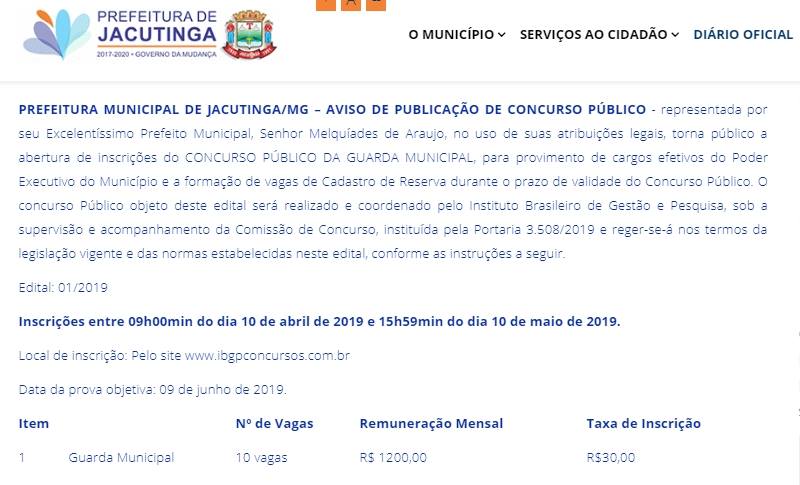 Guarda Municipal de Jacutinga (MG) lanÃ§a concurso com 10 vagas