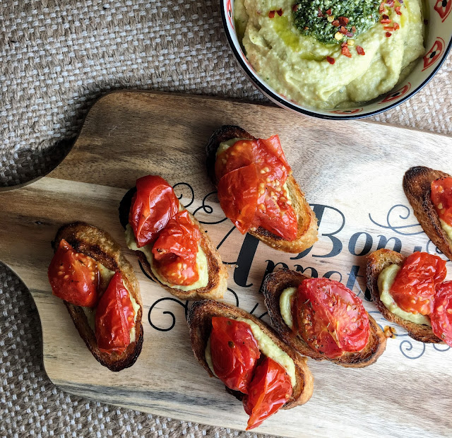 Roasted Tomato Crostini with Pesto and Red Pepper Hummus