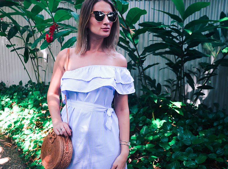 summer outfit with round basket bag cat eye sunglasses ruffle one shoulder pinstripe dress cute outfit idea summer outfit with round basket bag cat eye sunglasses ruffle one shoulder pinstripe dress cute outfit idea