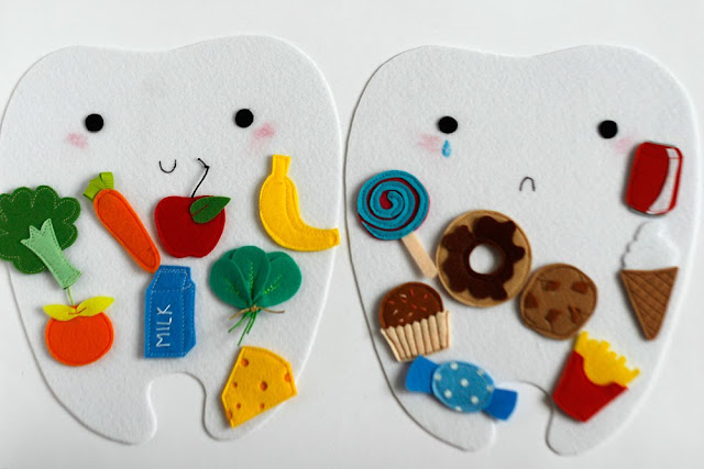 Felt playset Happy tooth - Sad tooth for sorting Good and Bad food for teeth. TomToy handmade in Israel, Educational material