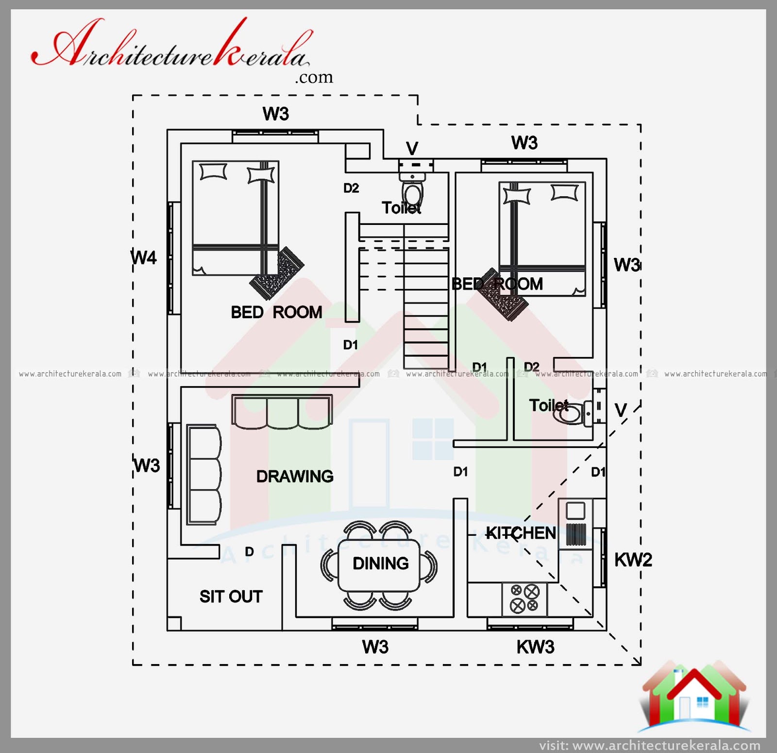  2  BEDROOM  HOUSE  PLAN  AND ELEVATION IN 700 SQFT 