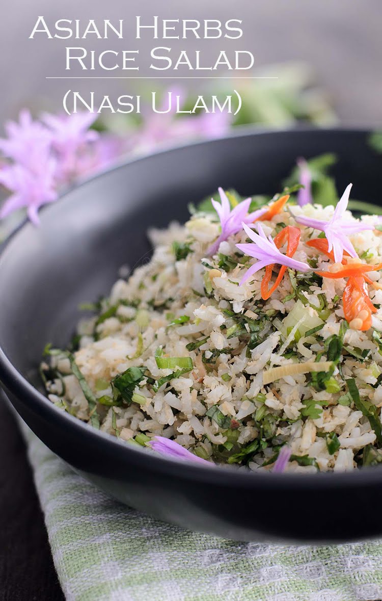 Asian Herbs Rice Salad is one of Malaysian favourite rice dish.  Nasi ulam is basically cooked rice mix with fresh herbs, green from the garden, along with the aromatic and flavourful toasted coconut.