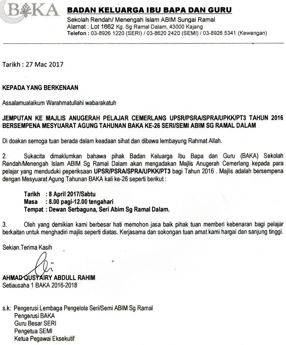 Contoh Surat Pelepasan Untuk Menjemput Ke Majlis