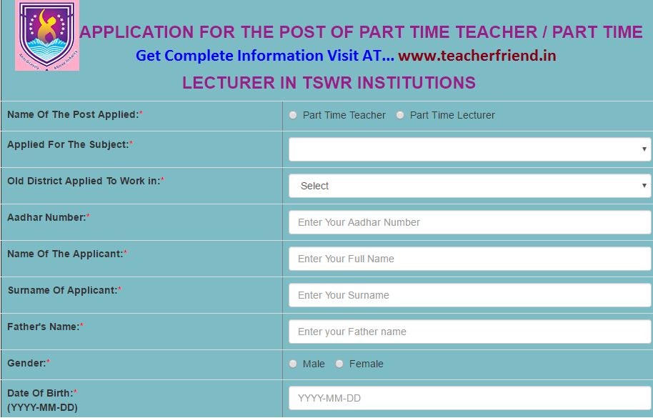 TSWREI Part Time Teachers/J.Ls 2017 Application at