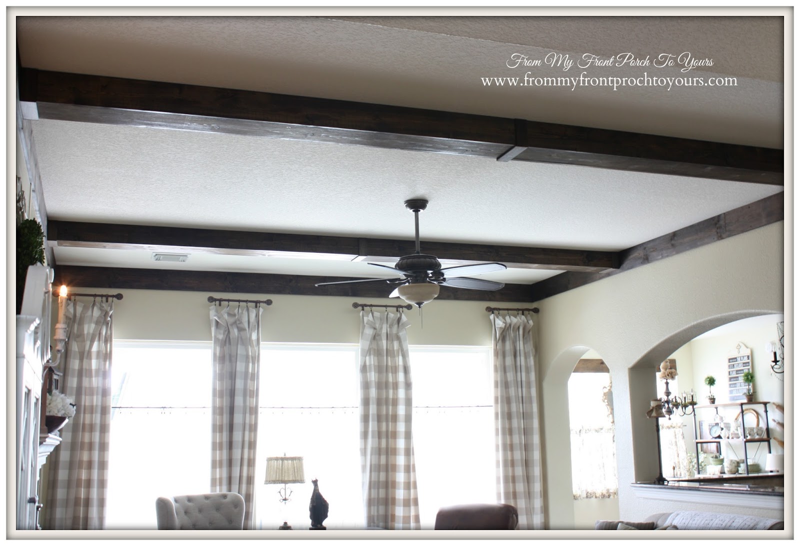 French Farmhouse living room with diy wood beams.- From My Front Porch To Yours