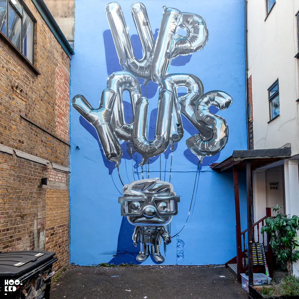 Hyper-realistic 'Up Yours'  helium balloon graffiti Mural by London graffiti artist Fanakapan