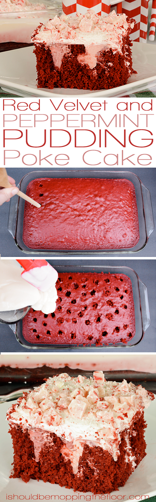 Red Velvet and Peppermint Pudding Poke Cake  | A taste of Christmas in every bite of this moist, rich cake...and its topped with a delicious cream cheese frosting.