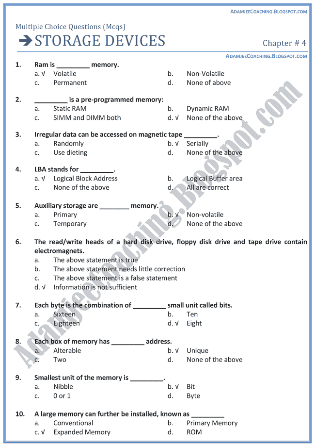 Adamjee Coaching Storage Devices MCQs Computer IX