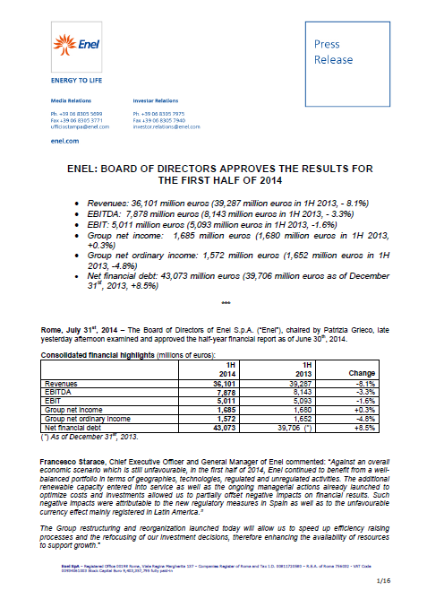 Enel, report, Q2, 2014, front page