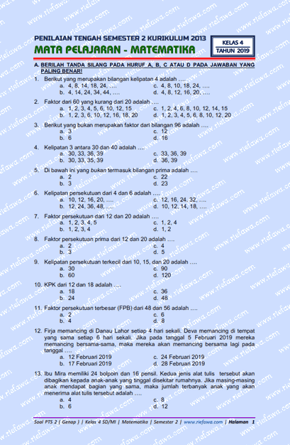 Cuplikan naskah soal evaluasi tengah semester genap matematika kelas  Download Soal Perguruan Tinggi Swasta / UTS Genap Matematika Kelas 4 SD/MI Semester 2 Kurikulum 2013