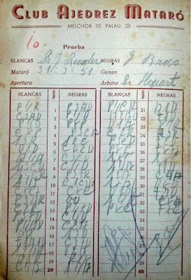 Planilla de ajedrez de la partida Jaume Recoder-Gaspar Bravo, Campeonato Social de 1951