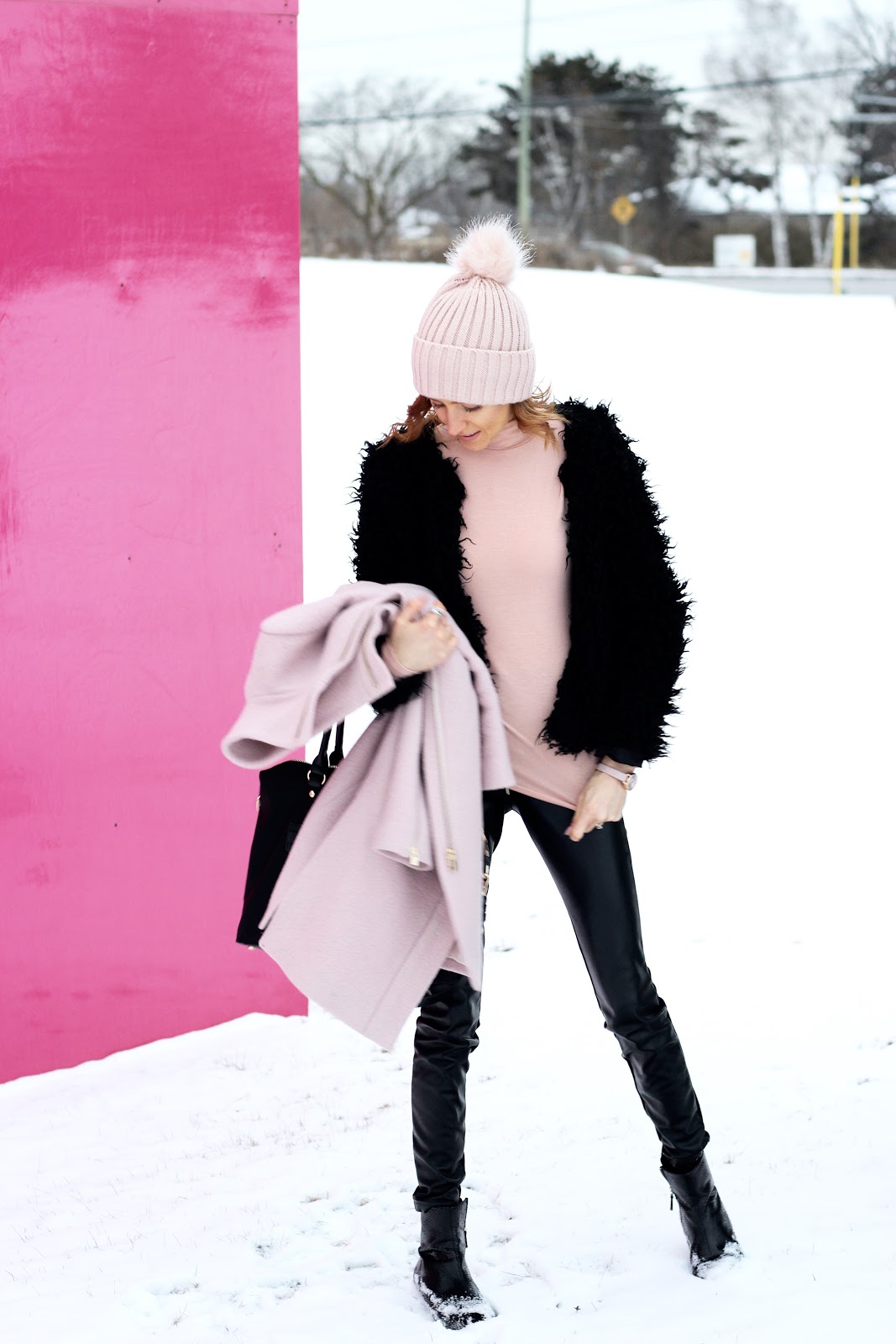 Pink Wool Coat Club Monaco, black shag coat, pink pom toque, Poppy & Peonies bag