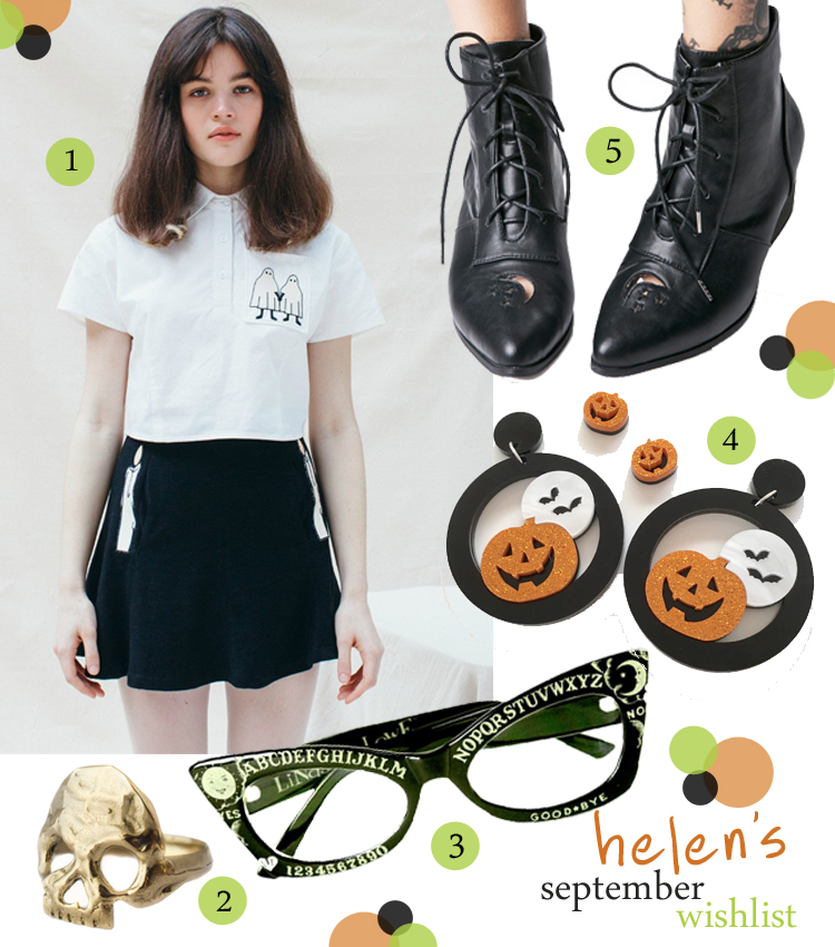 Helen's Spooky September Wishlist wishlist, wish list, blogger wishlist, Scottish blogger, spooky wishlist, Halloween wishlist, shost shirt, Hello Holiday, skull ring, statement skull ring, Goldengrove, Halloween earrings, pumpkin jewellery, Reverie Folie, black pointed boots. witch boots, Dolls Kill, ouija board glasses, unusual spectacles, Linsay Lowe Horror Eyewear