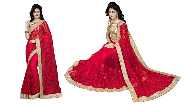 Aashvi Creation Embroidered, Self Design Fashion Net Saree (Red) Aashvi Creation Embroidered, Self Design Fashion Net Saree (Red)
