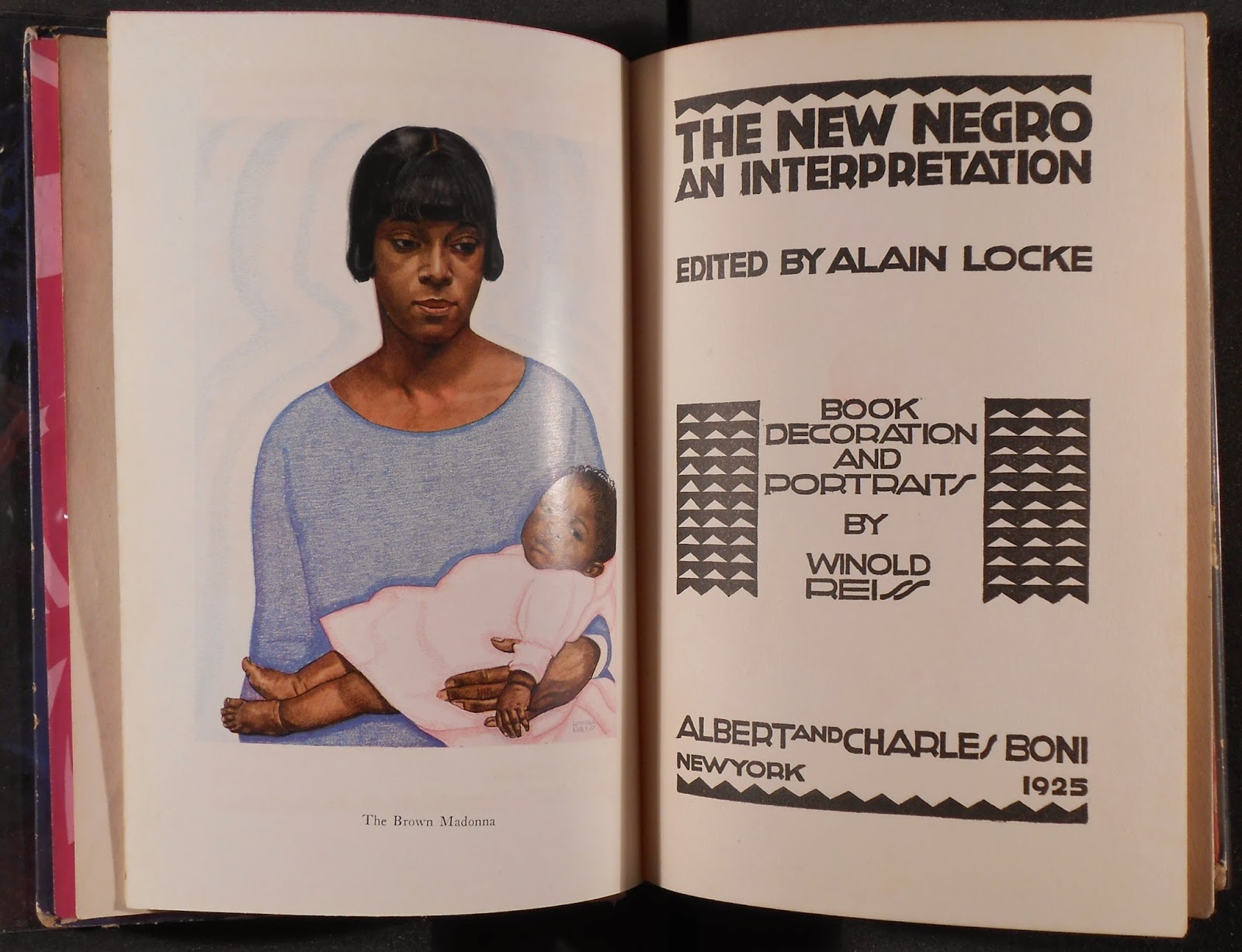 The title page for "The New Negro," including an illustration on the opposite page showing a woman holding a child.