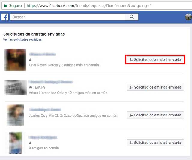 cancelar solicitud de facebook