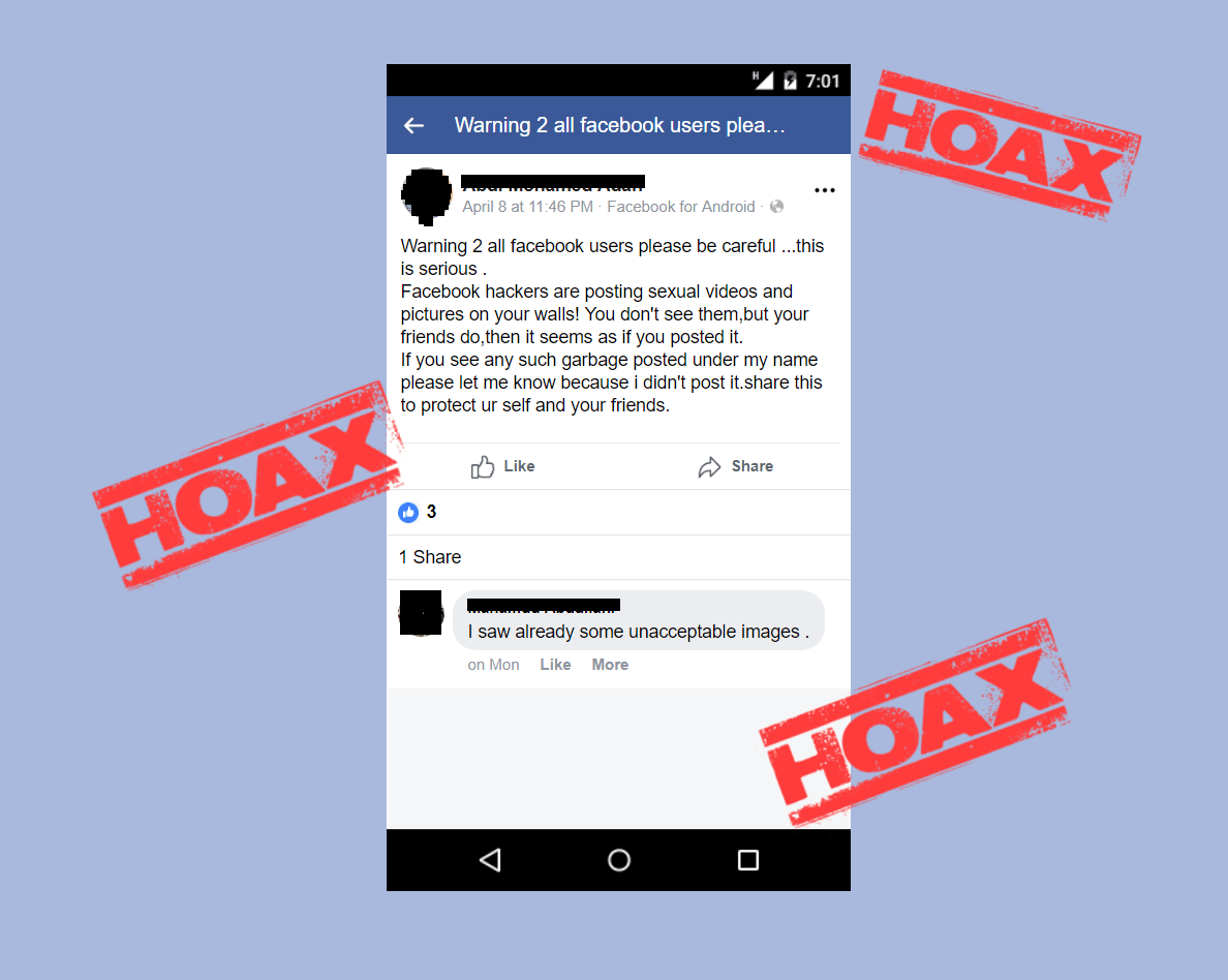This is hoax please avoid this: "URGENT WARNING to all Facebook users! Friends be careful! This is serious!  Hackers are posting sexual videos and pictures on your walls! You don’t see them, but your friends do, then it seems as if you posted it. If you see any such garbage posted under my name, please let me know because  “I did not post it!” Share this to protect yourself and your friends."