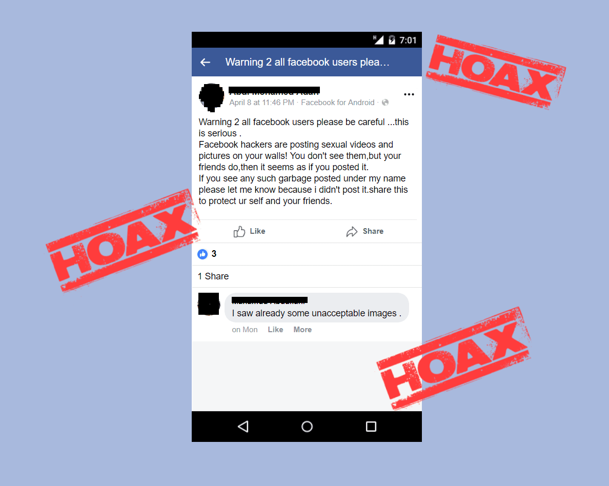 This is hoax please avoid this: "URGENT WARNING to all Facebook users! Friends be careful! This is serious! Hackers are posting sexual videos and pictures on your walls! You don’t see them, but your friends do, then it seems as if you posted it. If you see any such garbage posted under my name, please let me know because “I did not post it!” Share this to protect yourself and your friends."