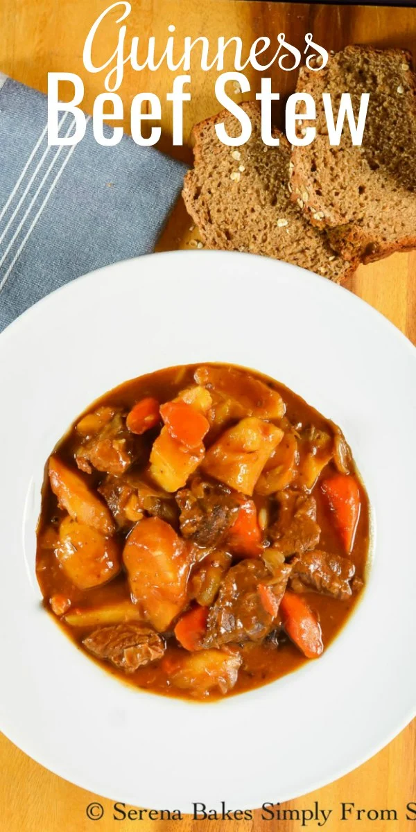 Guinness Beef Stew a favorite Irish recipe for St. Patricks Day! Beef Stew from scratch is a family favorite dinner recipe from Serena Bakes Simply From Scratch.