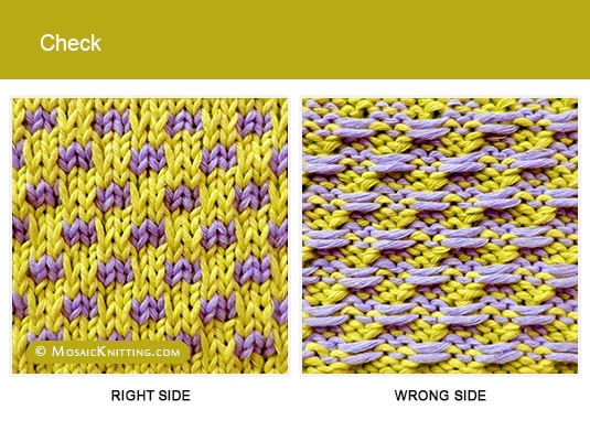 Mosaic Knitting - 2 Color Slip Stitch Pattern. Right side vs wrong side of the Check stitch.