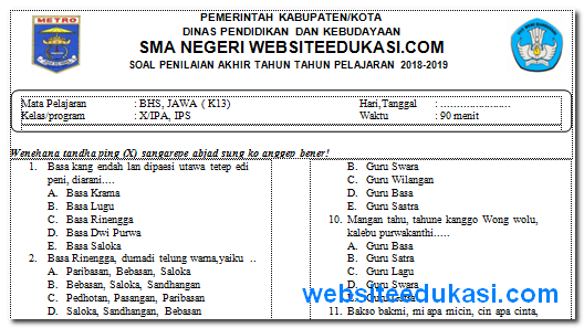 Soal Pat/Ukk Bahasa Jawa Kelas 10 K13 Tahun 2019 - Mata Pelajaran