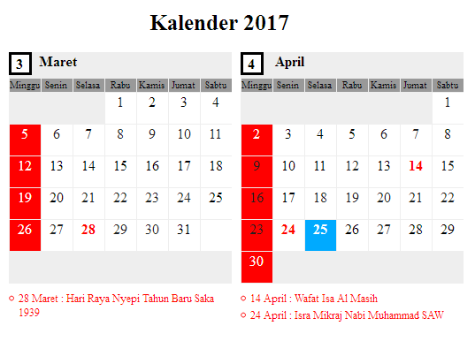 Kalender Bulan Maret 2017