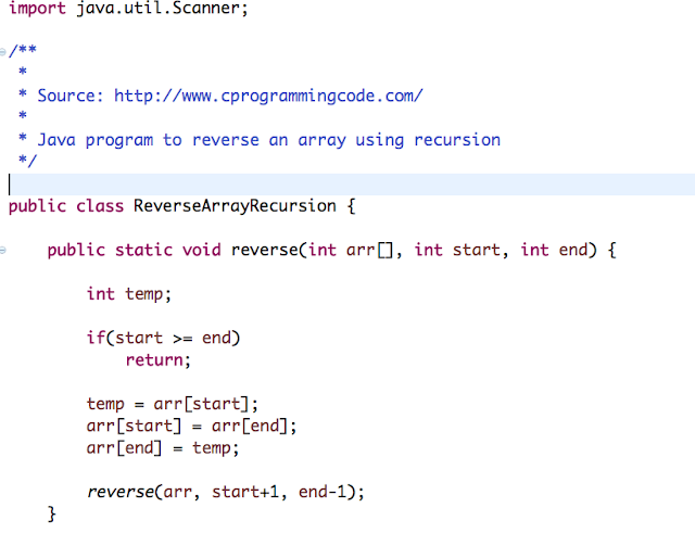 Java program to reverse an array using recursion