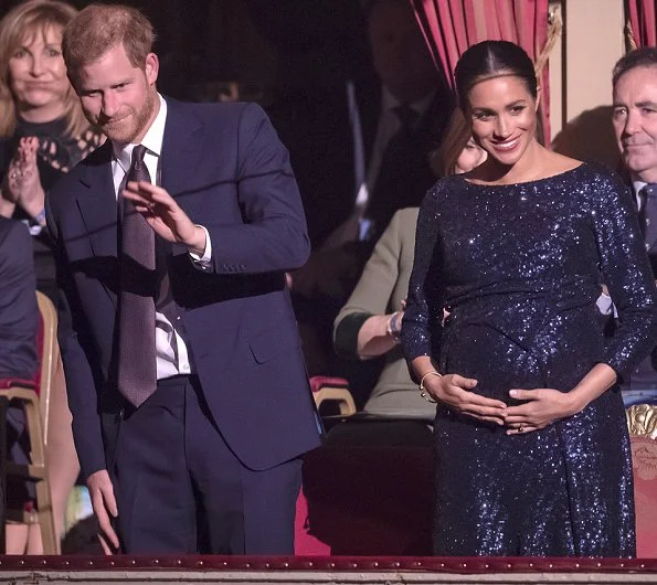 Meghan Markle wore Roland Mouret sequined gown,  Stuart Weitzman pumps, Princess Diana's bracelets