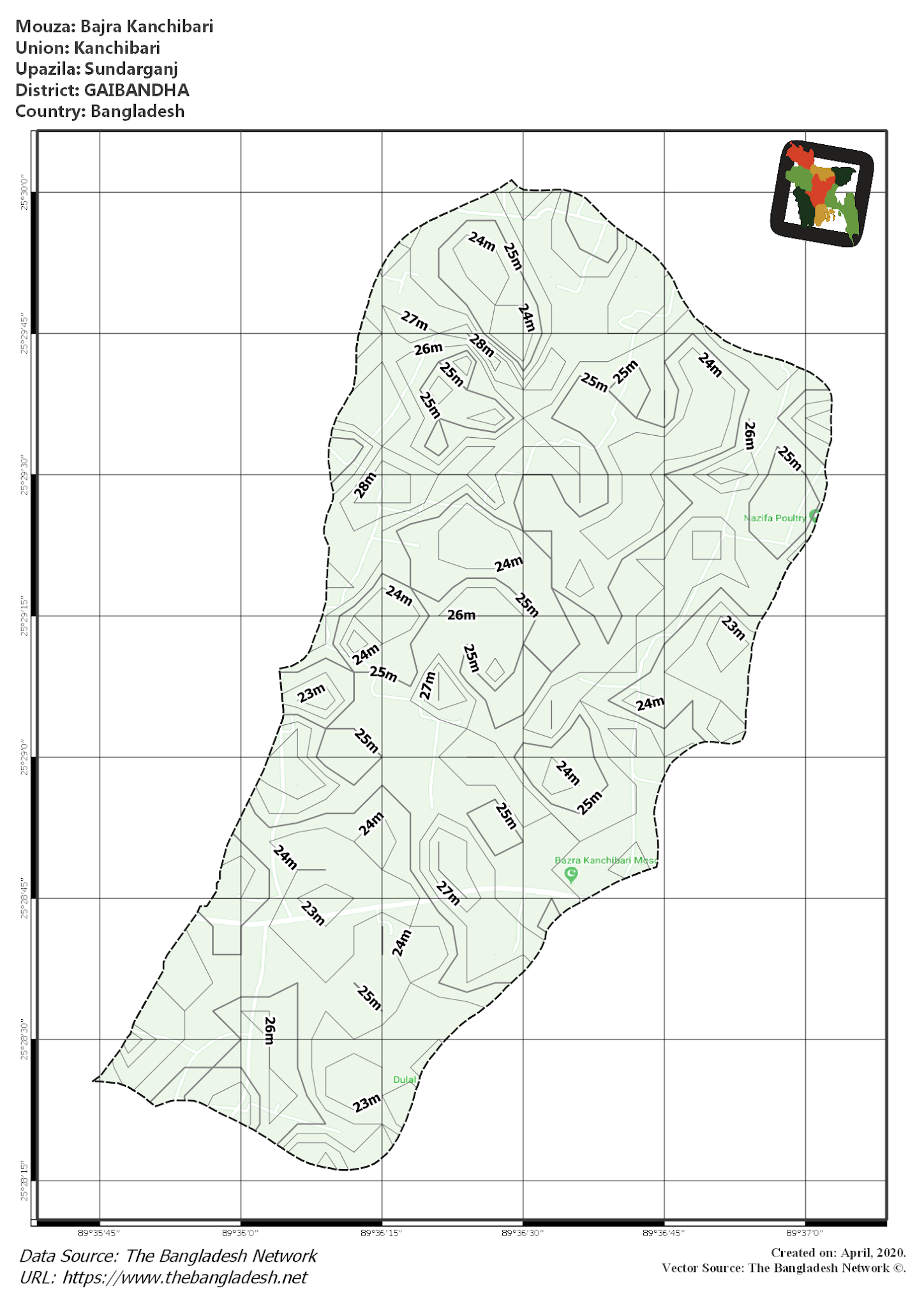 Map of Bajra Kanchibari Mouza of Sundarganj Upazila, GAIBANDHA, Bangladesh.