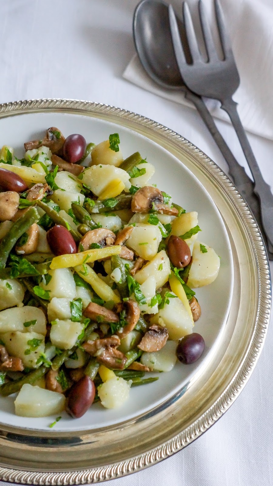 Potato salad with green beans, yellow wax beans and roasted mushrooms