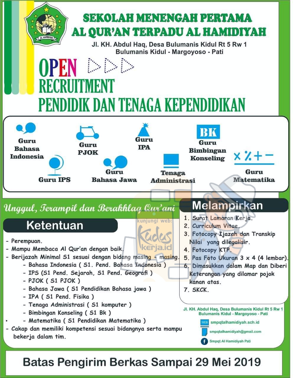 Lowongan Kerja Pati Guru, Tenaga Administrasi di SMP Al-Qur'an Terpadu Al Hamidiya Lowongan Kerja Pati Guru, Tenaga Administrasi di SMP Al-Qur'an Terpadu Al Hamidiya