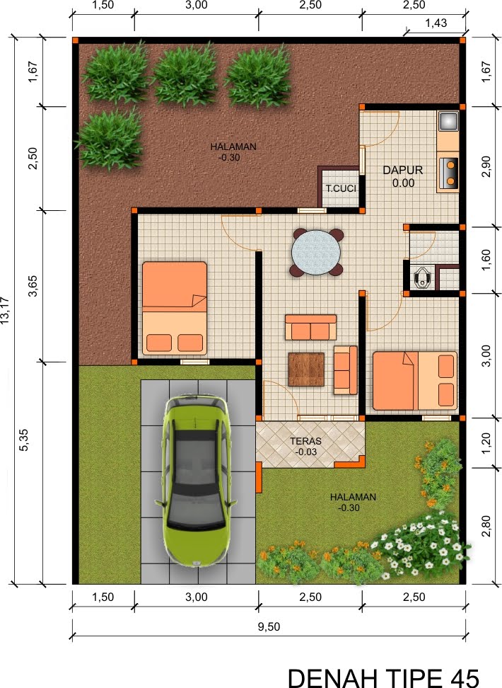 GAMBAR DENAH RUMAH TYPE 45 DAN UKURANNYA freewaremini