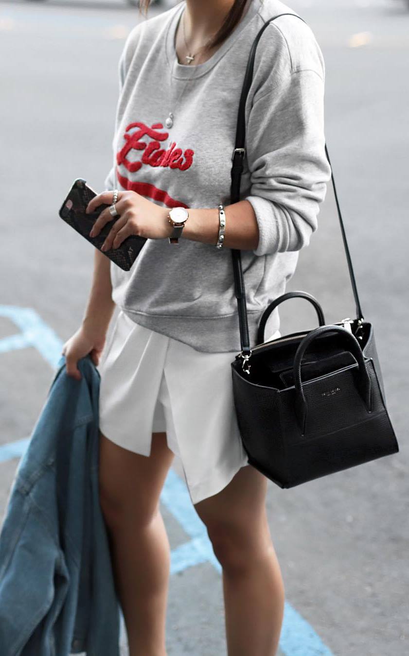 stylish look_white shirt dress + sweatshirt + bag + denim jacket 