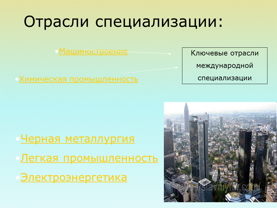 Напишите примеры отраслей международной специализации