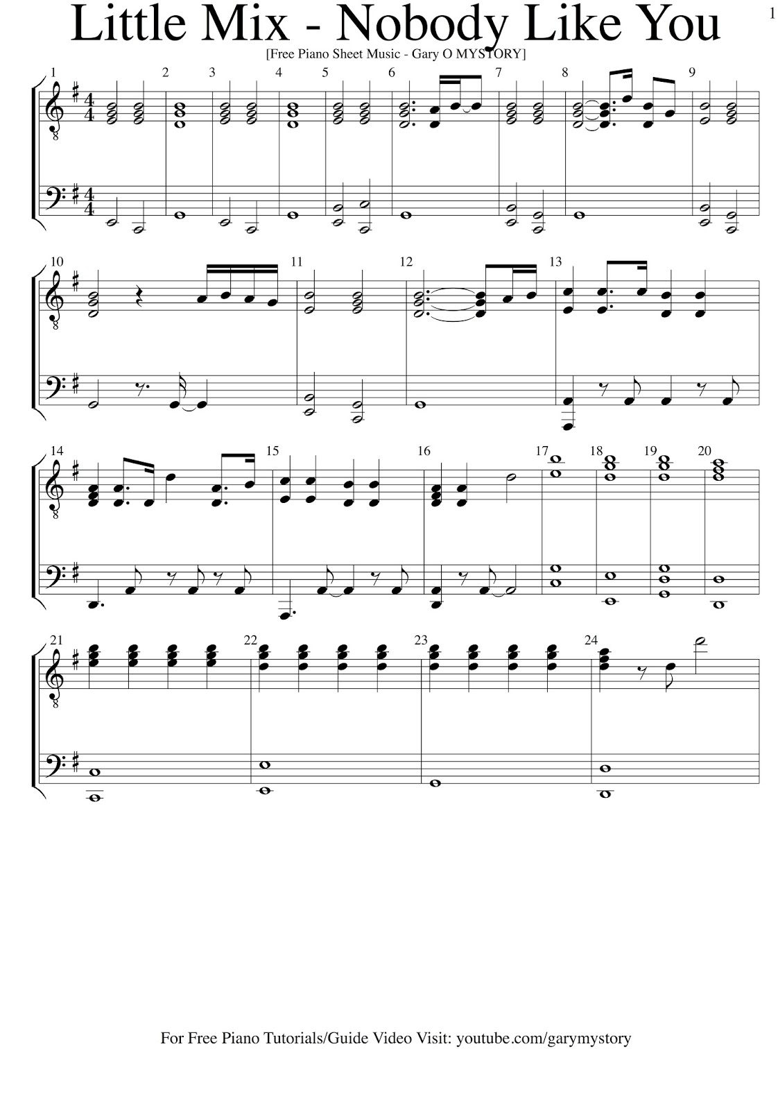 Little Mix Nobody Like You FREE PIANO SHEET MUSIC (Easy Piano