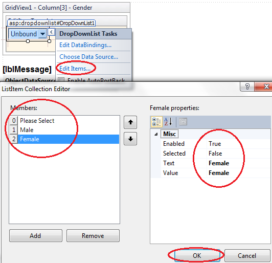 Customizing the dropdownlist in the edititemtemplate of gridview control