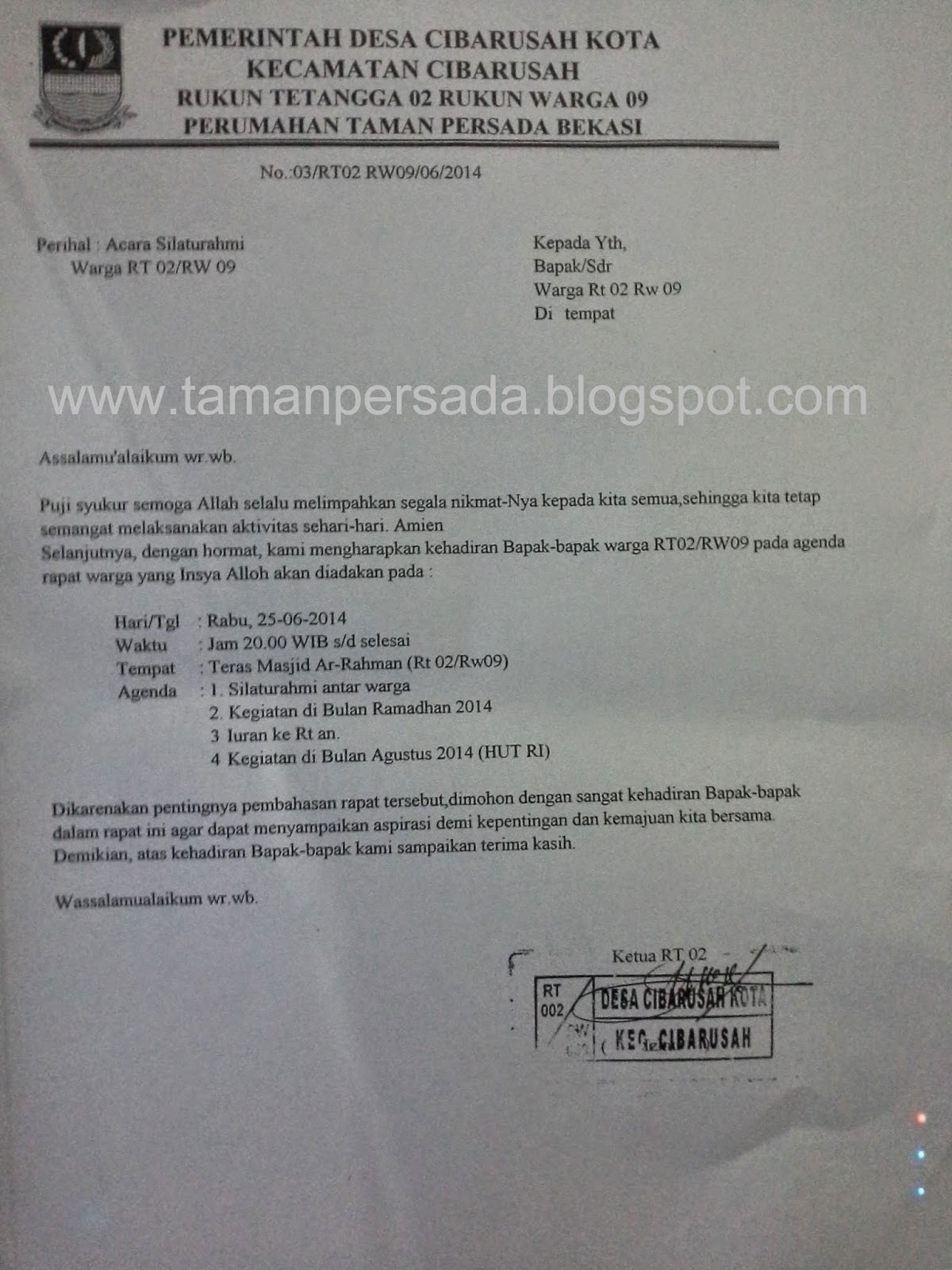 Surat Undangan Rencana Acara Silaturahmi Warga RT02 RW09 