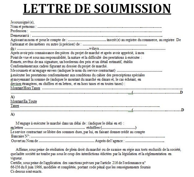 exemple de modèle de lettre de soumission pour appel d'offre  Cours