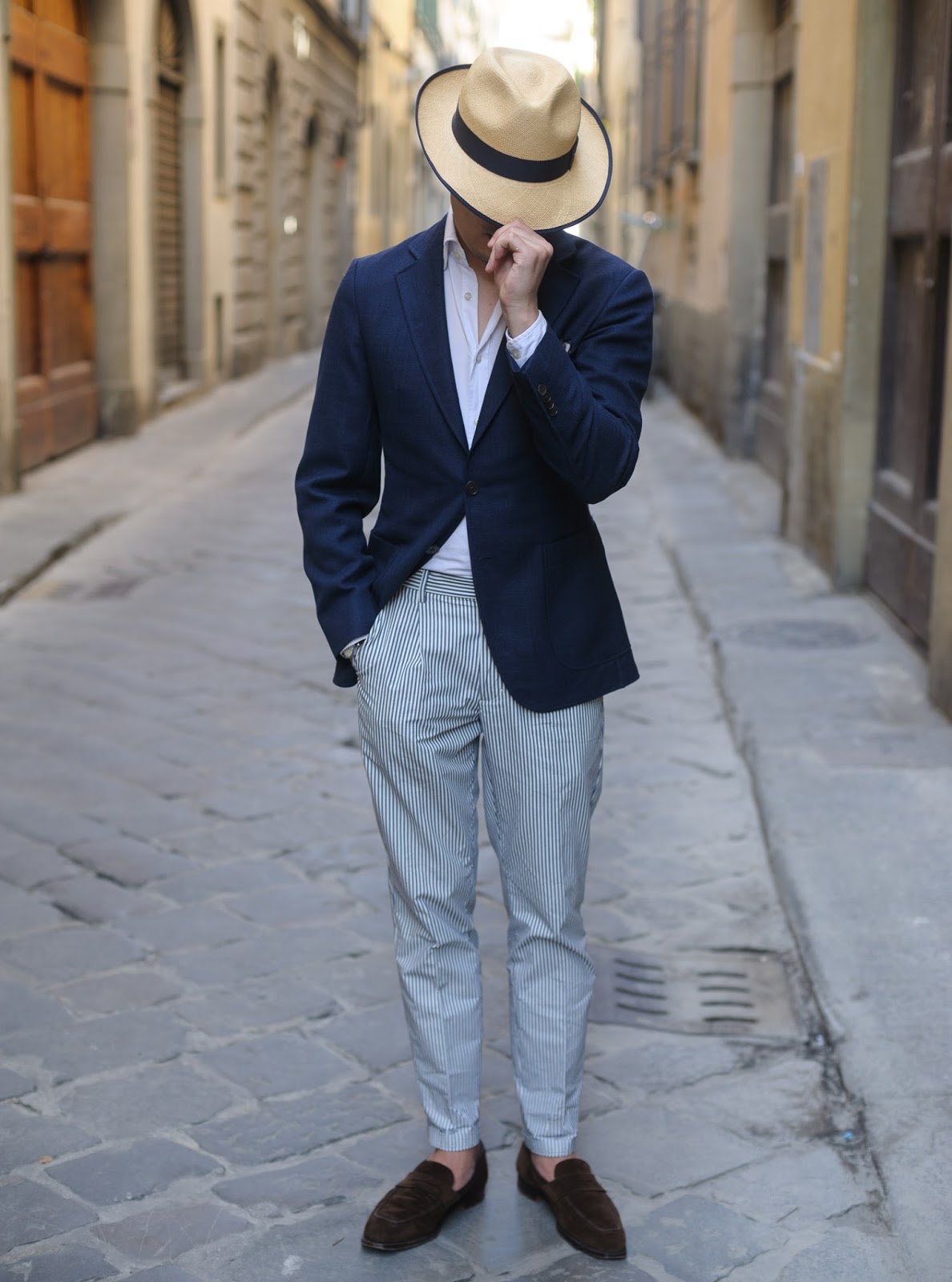 Lana Fresco, Navy Blazer, Herringbone Australia, Uniqlo Chinos, Crockett & Jones Loafers, Christys' Hats, Orient Star, Ray-ban