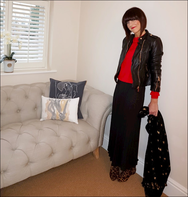 My Midlife Fashion, Zara leather biker jacket, hm pleated midi skirt, boden leopard print pixie boots, marks and spencer frill cropped jumper, zara limited edition star print scarf