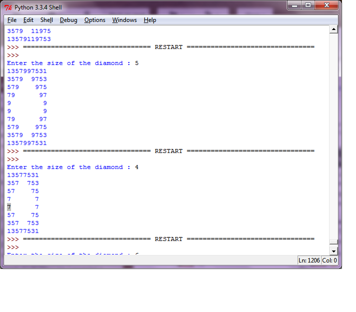 I am learning Python: Print a hollow diamond - with numbers