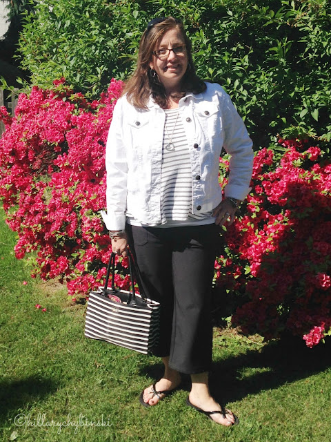 Keeva Capri Pants from Aventura paired with an Ann Taylor striped T and denim jacket from Aventura