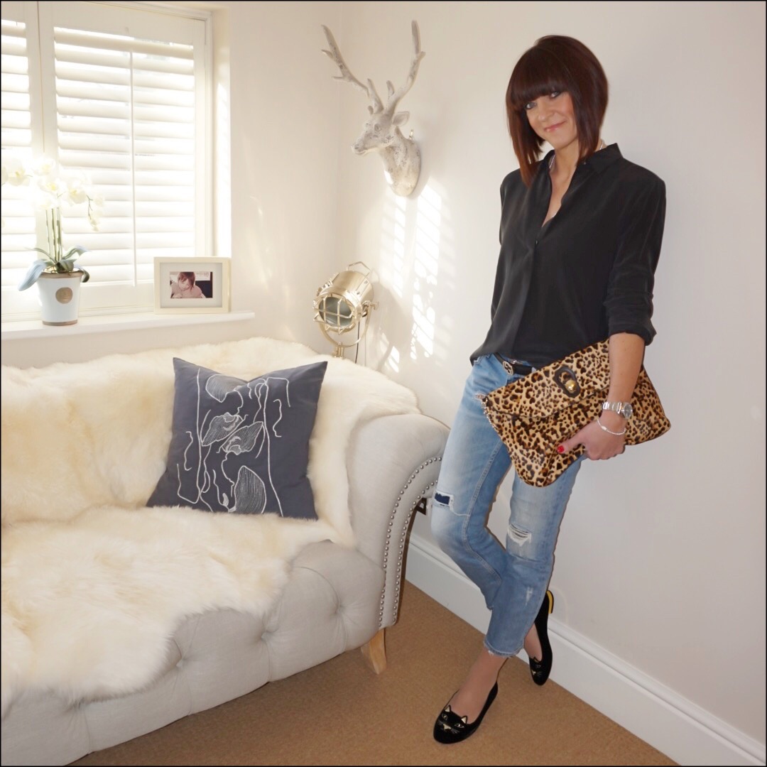 my midlife fashion, and other stories silk shirt, zara leopard print bag, zara distressed cigarette jeans, charlotte olympia kitty flat shoes