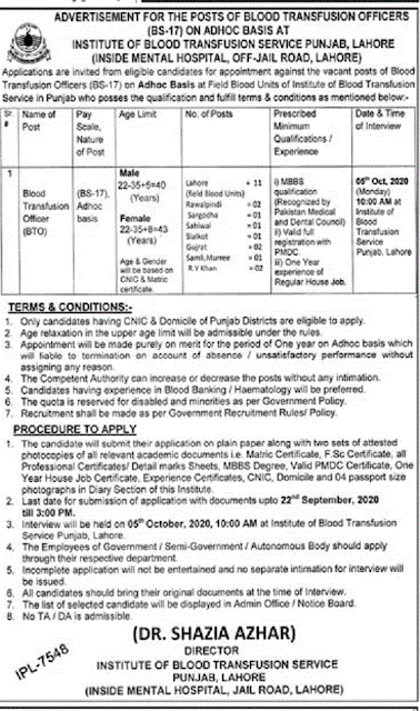 institute-of-blood-transfusion-service-punjab-Lahore-jobs-2020