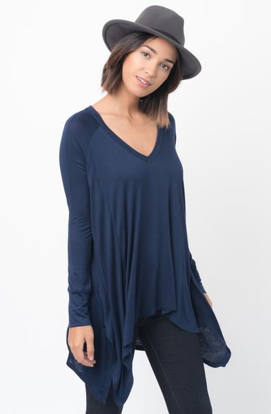 Shop for Navy Blue V-Neck Asymmetrical Swing Tunic long sleeve on caralase.com