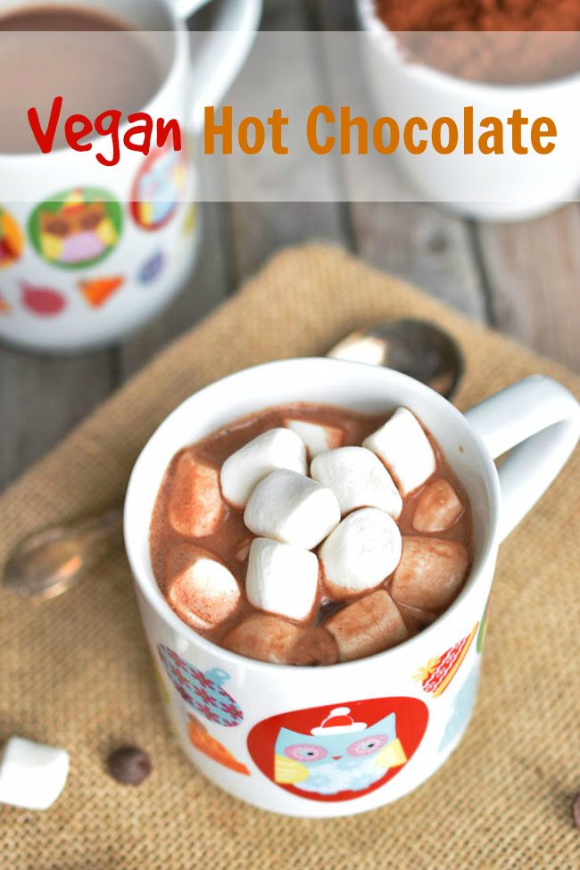 Vegan Hot Chocolate - a warm treat for a cool fall or winter day! Much healthier and more natural than buying hot chocolate or preparing from a conventional mix. With a touch of cinnamon for flavor. #hotchocolate #vegan #nondairy #dairyfree