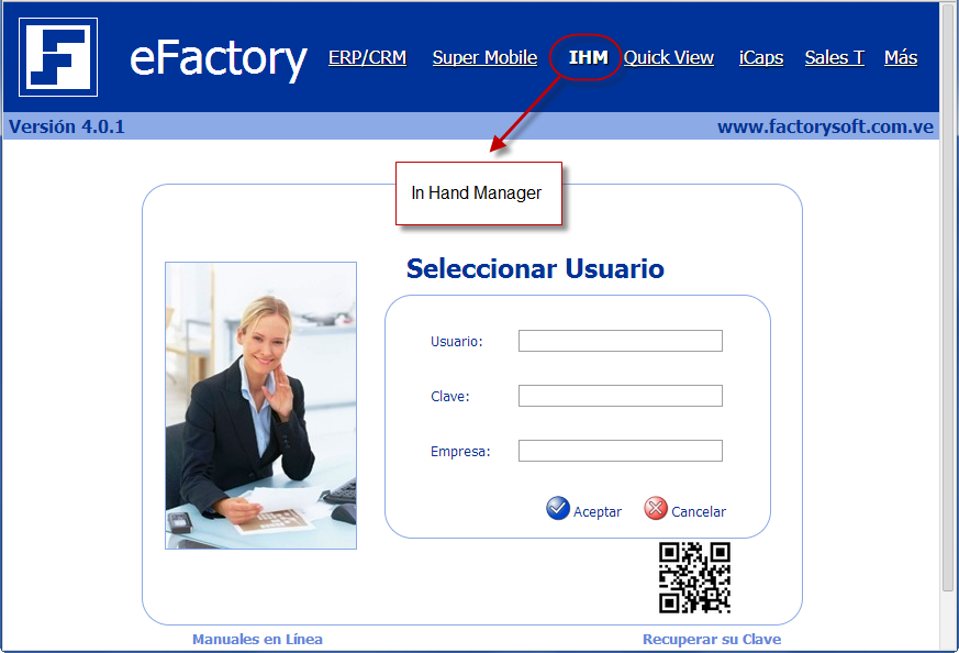 Pantalla de ingreso a eFactory IHM - eFactory In Hand Manager: información gerencial cuando la necesites Pantalla de ingreso a eFactory IHM - eFactory In Hand Manager: información gerencial cuando la necesites